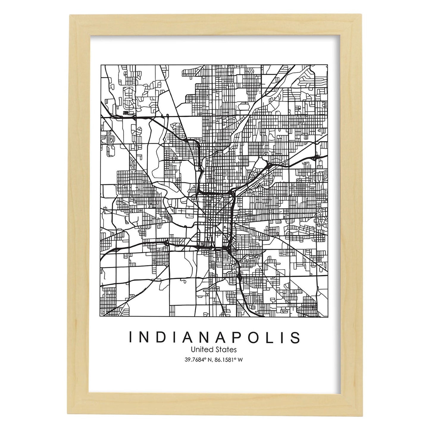 Poster con mapa de Indianapolis. Lámina de Estados Unidos, con imágenes de mapas y carreteras-Artwork-Nacnic-A4-Marco Madera clara-Nacnic Estudio SL
