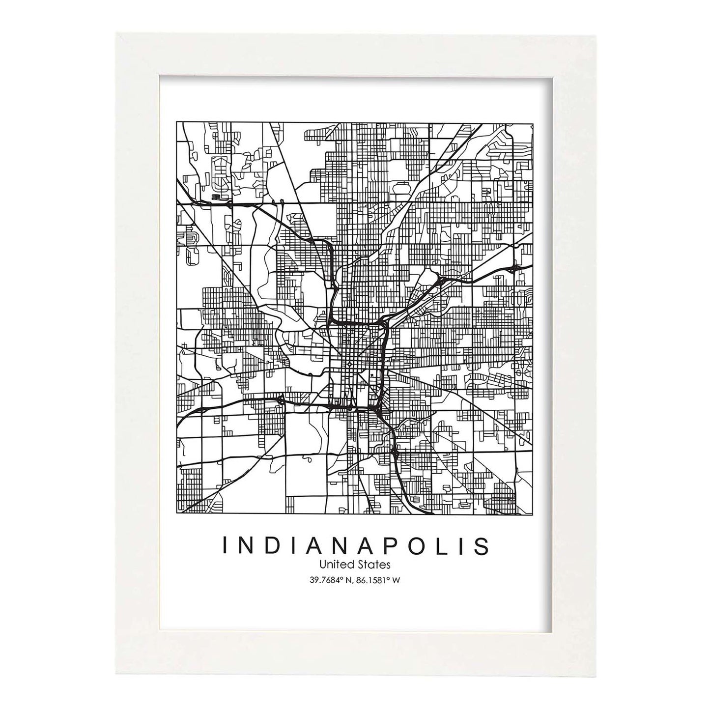 Poster con mapa de Indianapolis. Lámina de Estados Unidos, con imágenes de mapas y carreteras-Artwork-Nacnic-A3-Marco Blanco-Nacnic Estudio SL