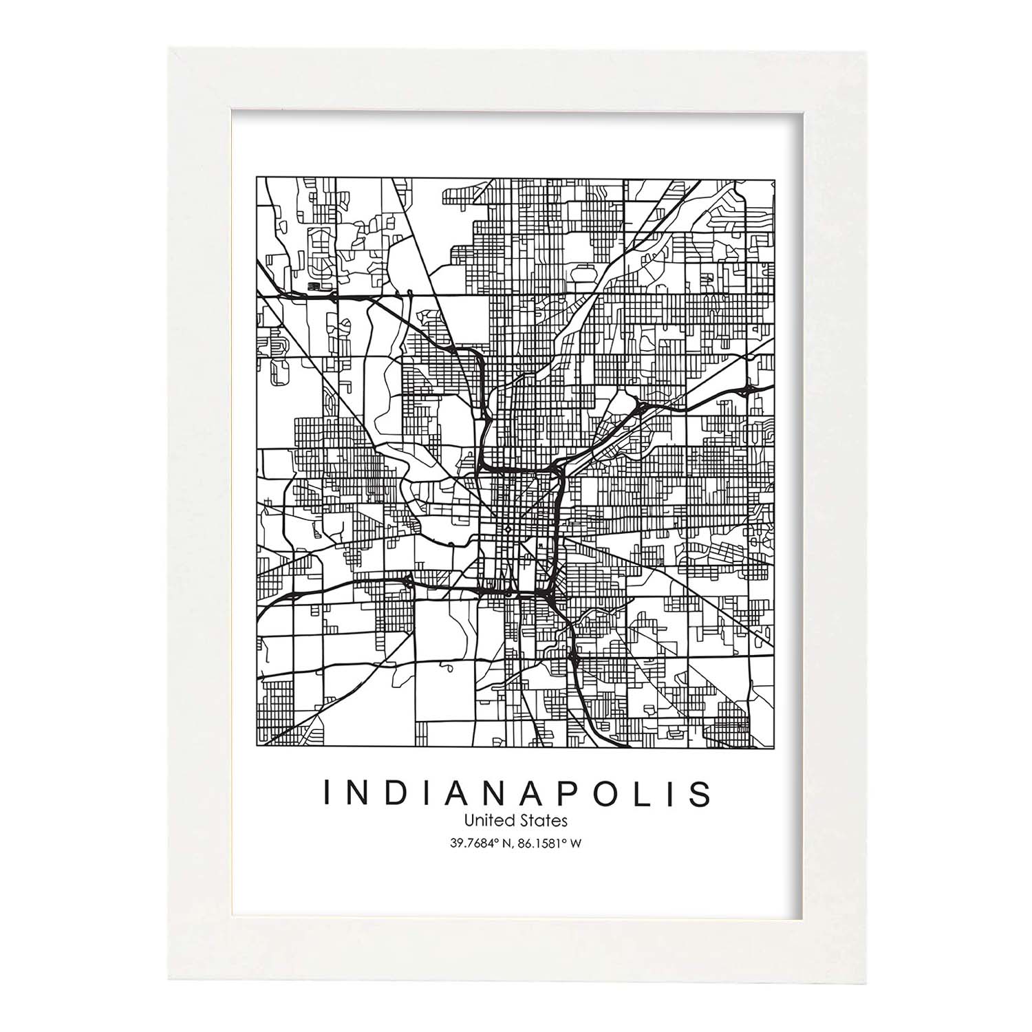 Poster con mapa de Indianapolis. Lámina de Estados Unidos, con imágenes de mapas y carreteras-Artwork-Nacnic-A3-Marco Blanco-Nacnic Estudio SL