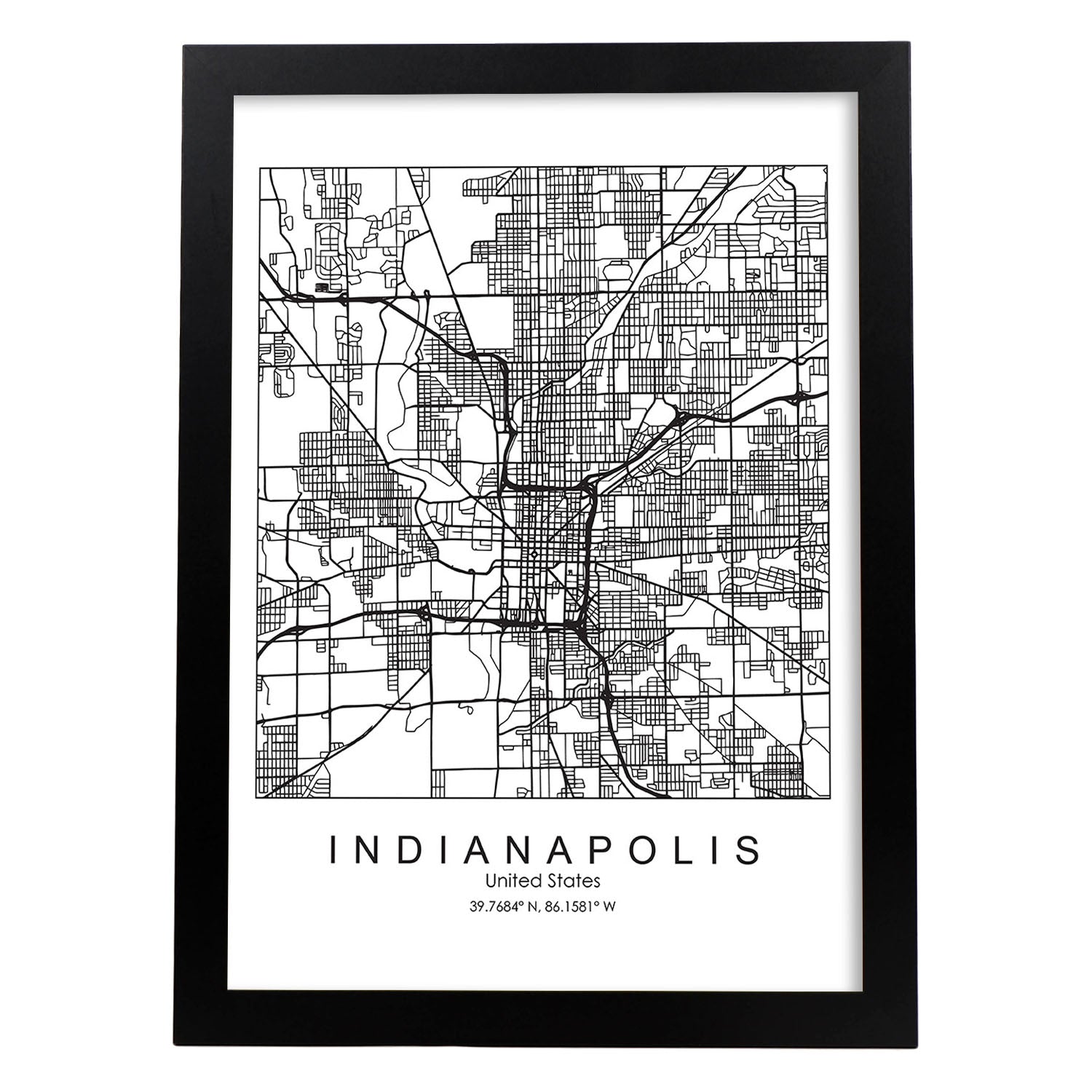 Poster con mapa de Indianapolis. Lámina de Estados Unidos, con imágenes de mapas y carreteras-Artwork-Nacnic-A3-Marco Negro-Nacnic Estudio SL