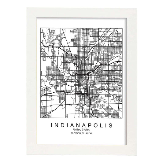 Poster con mapa de Indianapolis. Lámina de Estados Unidos, con imágenes de mapas y carreteras-Artwork-Nacnic-A4-Marco Blanco-Nacnic Estudio SL