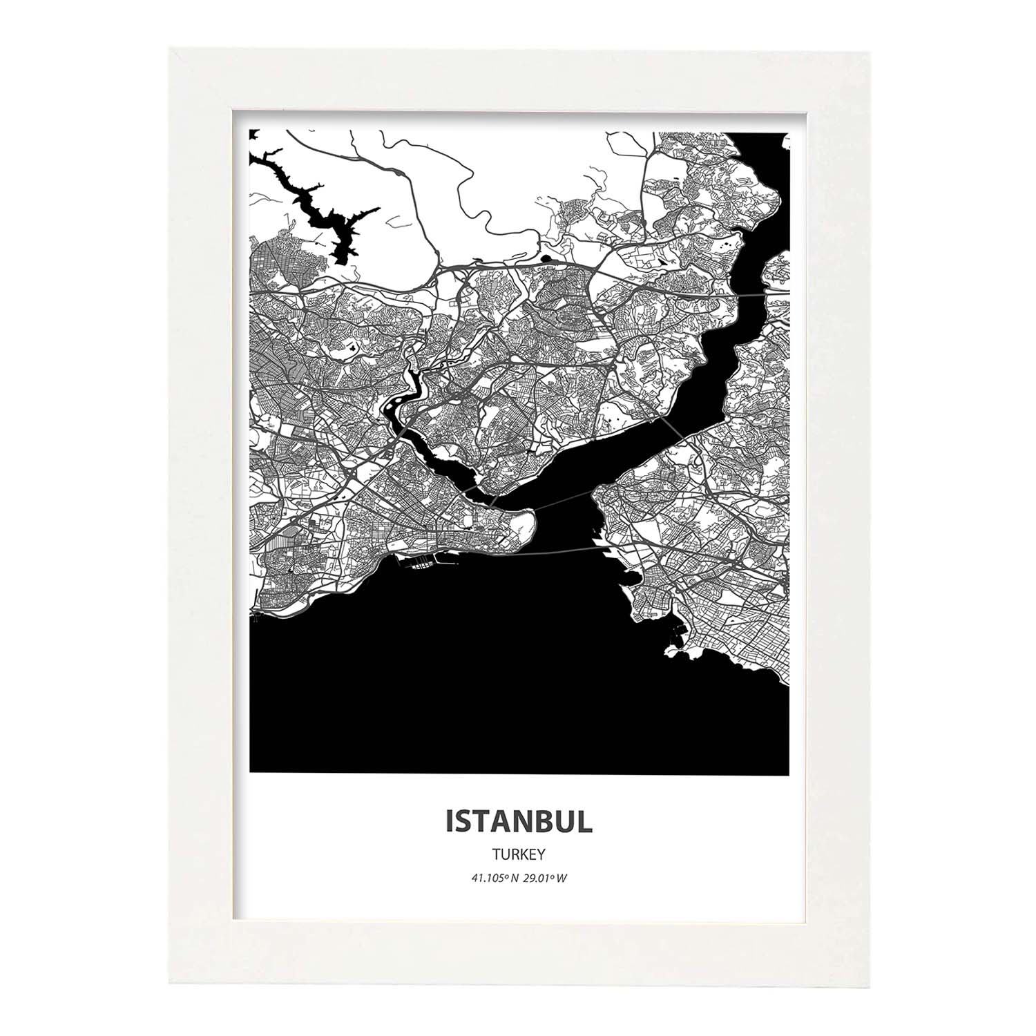 Poster con mapa de Istambul - Turkey. Láminas de ciudades de Oriente Medio con mares y ríos en color negro.-Artwork-Nacnic-A3-Marco Blanco-Nacnic Estudio SL