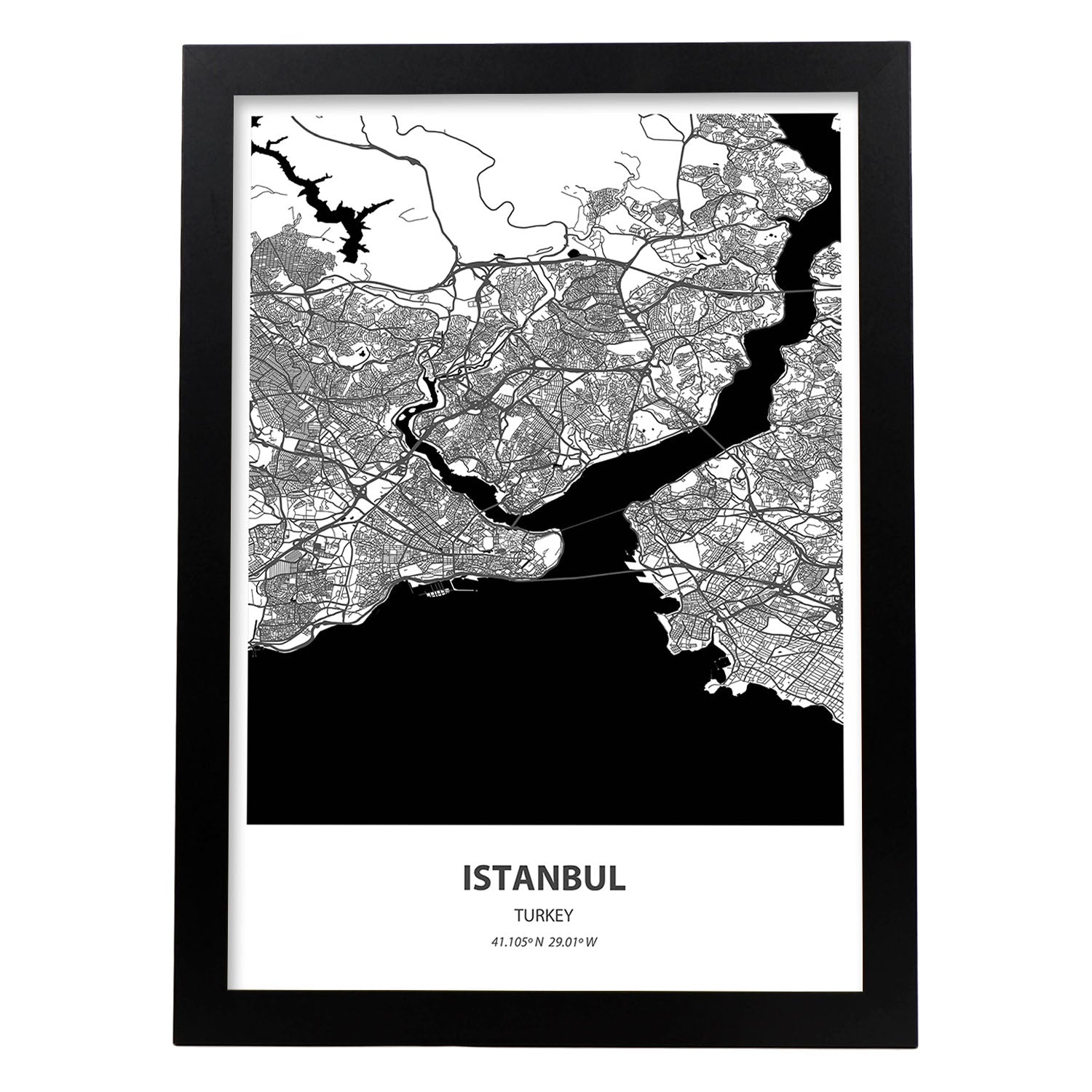 Poster con mapa de Istambul - Turkey. Láminas de ciudades de Oriente Medio con mares y ríos en color negro.-Artwork-Nacnic-A3-Marco Negro-Nacnic Estudio SL
