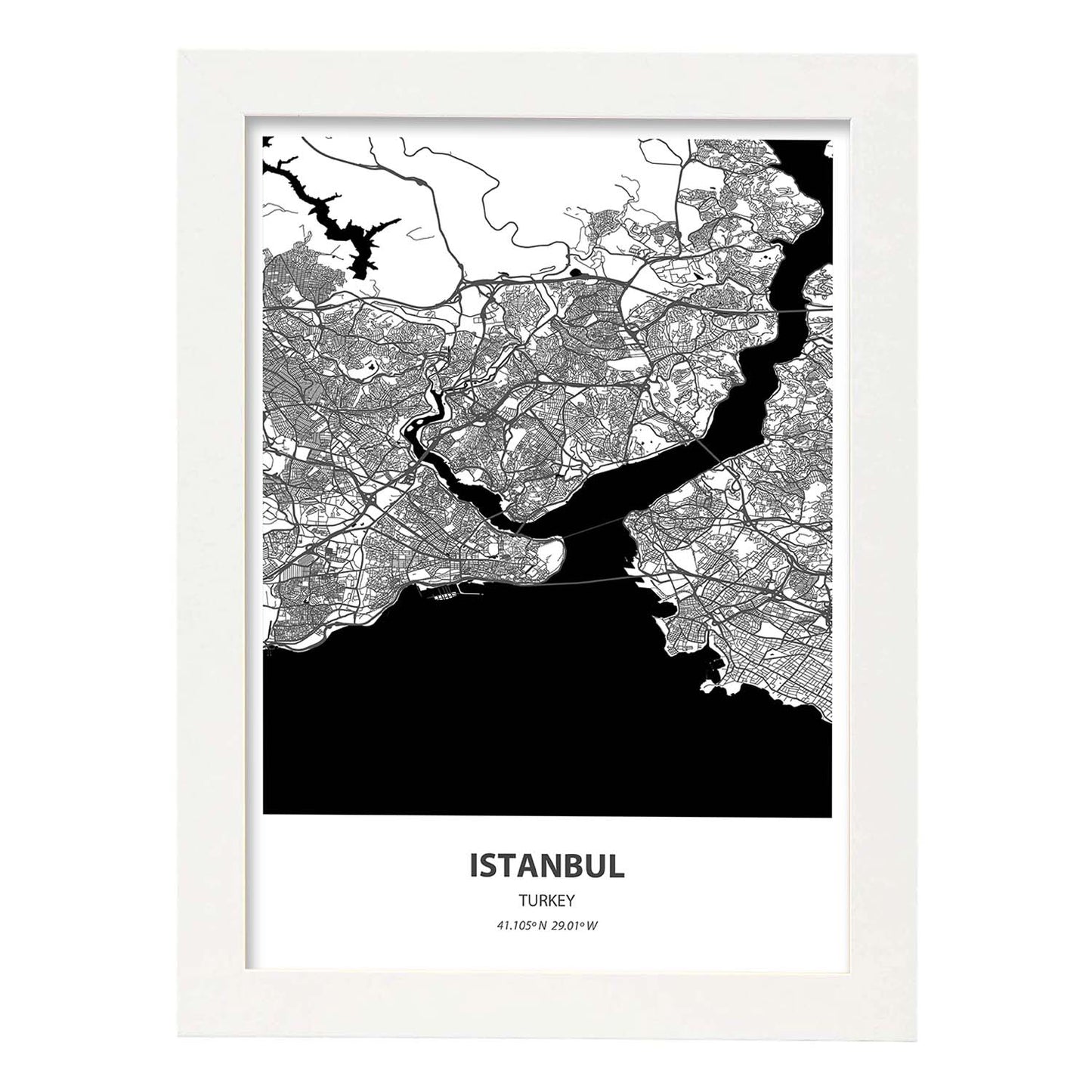 Poster con mapa de Istambul - Turkey. Láminas de ciudades de Oriente Medio con mares y ríos en color negro.-Artwork-Nacnic-A4-Marco Blanco-Nacnic Estudio SL