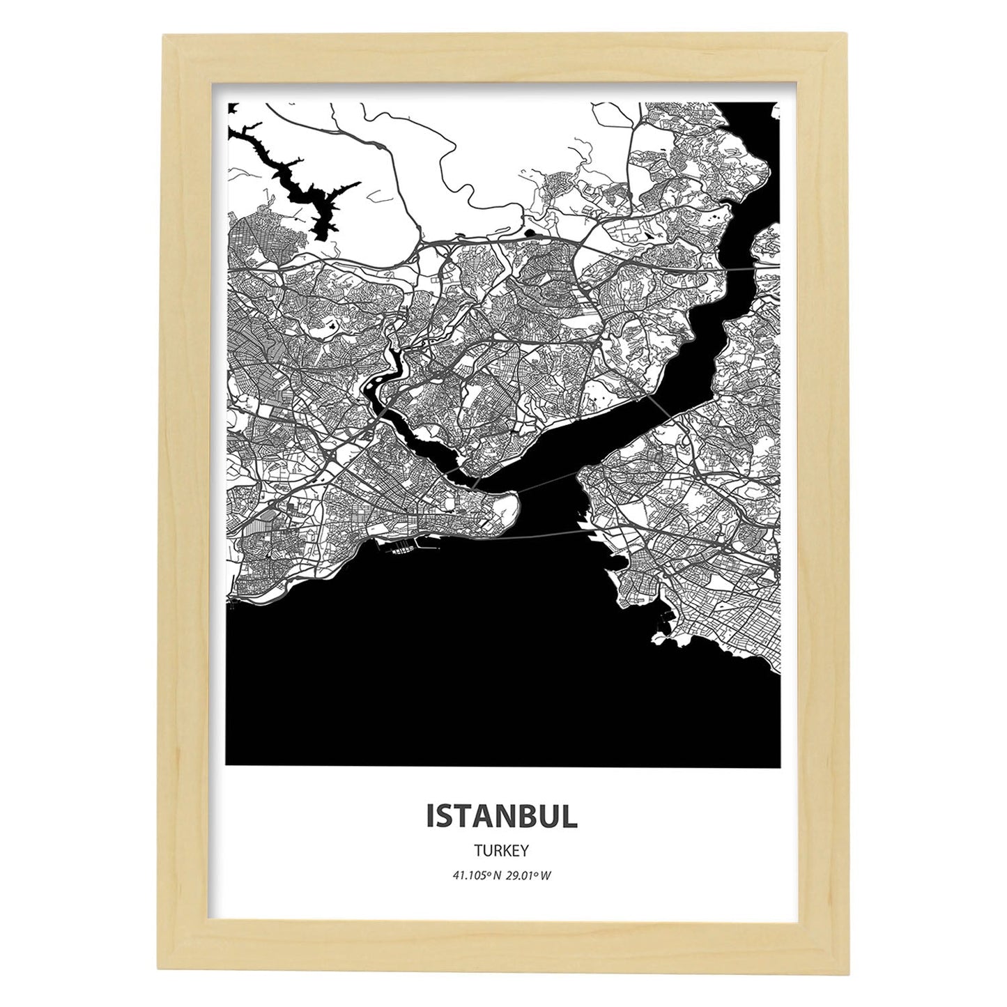 Poster con mapa de Istambul - Turkey. Láminas de ciudades de Oriente Medio con mares y ríos en color negro.-Artwork-Nacnic-A4-Marco Madera clara-Nacnic Estudio SL