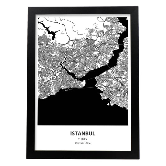 Poster con mapa de Istambul - Turkey. Láminas de ciudades de Oriente Medio con mares y ríos en color negro.-Artwork-Nacnic-A4-Marco Negro-Nacnic Estudio SL