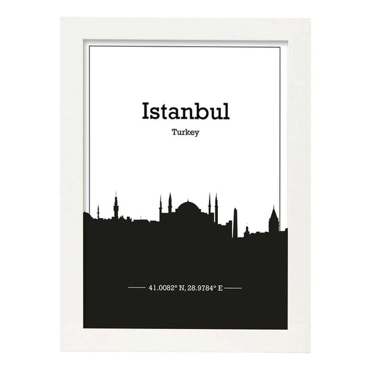 Poster con mapa de Istanbul - Turkey. Láminas con Skyline de ciudades de Asia, Australia, y Oriente Medio con sombra negra.-Artwork-Nacnic-A4-Marco Blanco-Nacnic Estudio SL