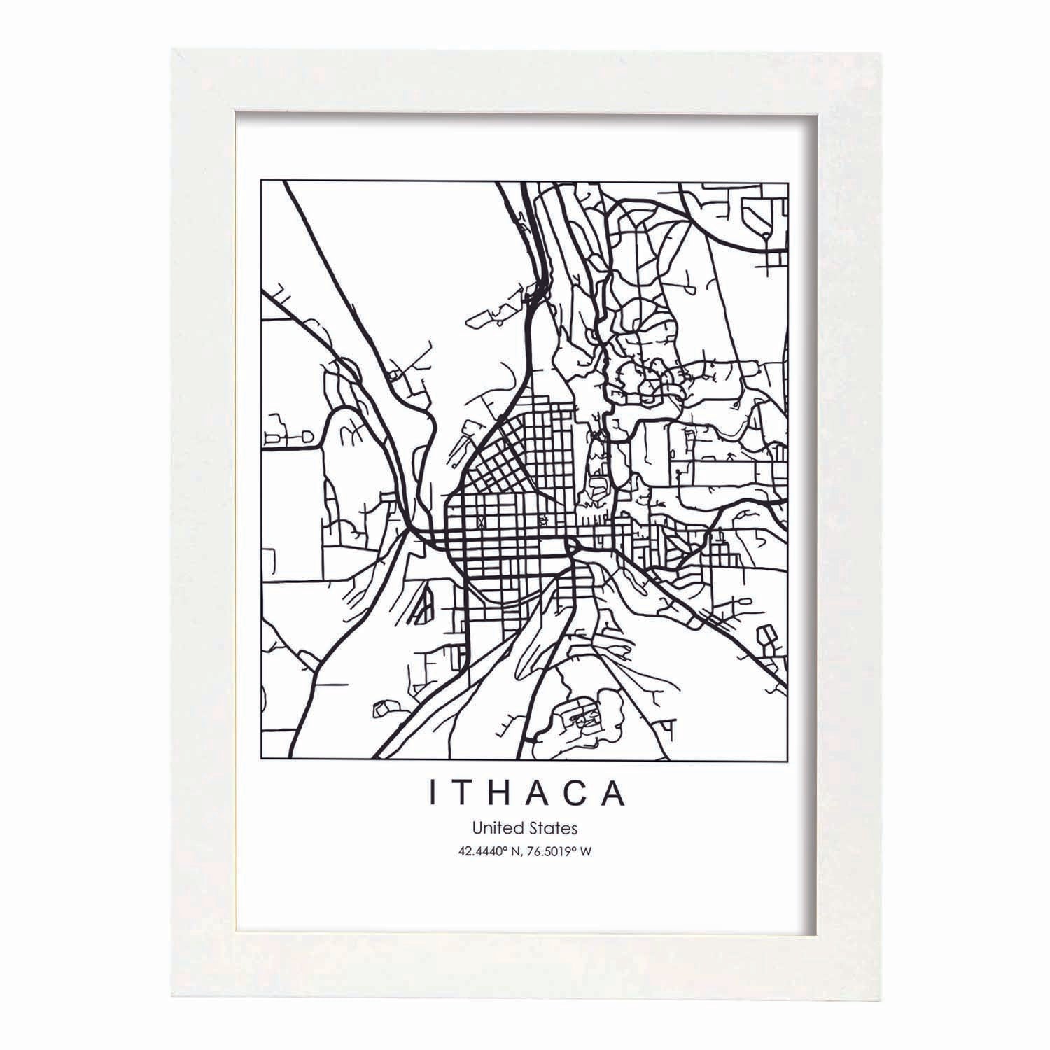 Poster con mapa de Ithaca. Lámina de Estados Unidos, con imágenes de mapas y carreteras-Artwork-Nacnic-A3-Marco Blanco-Nacnic Estudio SL