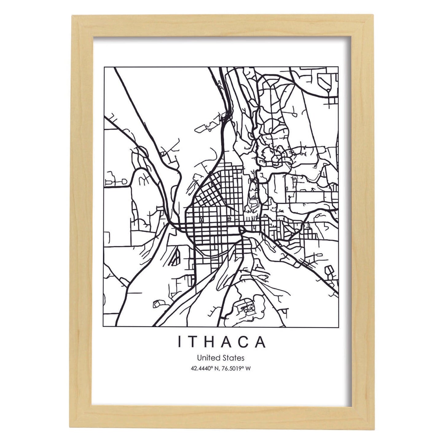 Poster con mapa de Ithaca. Lámina de Estados Unidos, con imágenes de mapas y carreteras-Artwork-Nacnic-A3-Marco Madera clara-Nacnic Estudio SL