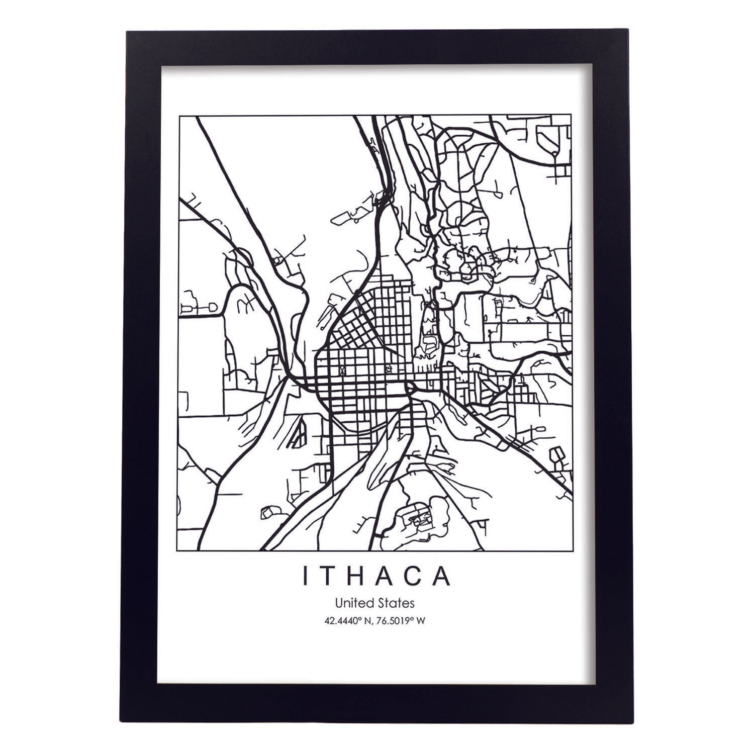 Poster con mapa de Ithaca. Lámina de Estados Unidos, con imágenes de mapas y carreteras-Artwork-Nacnic-A3-Marco Negro-Nacnic Estudio SL