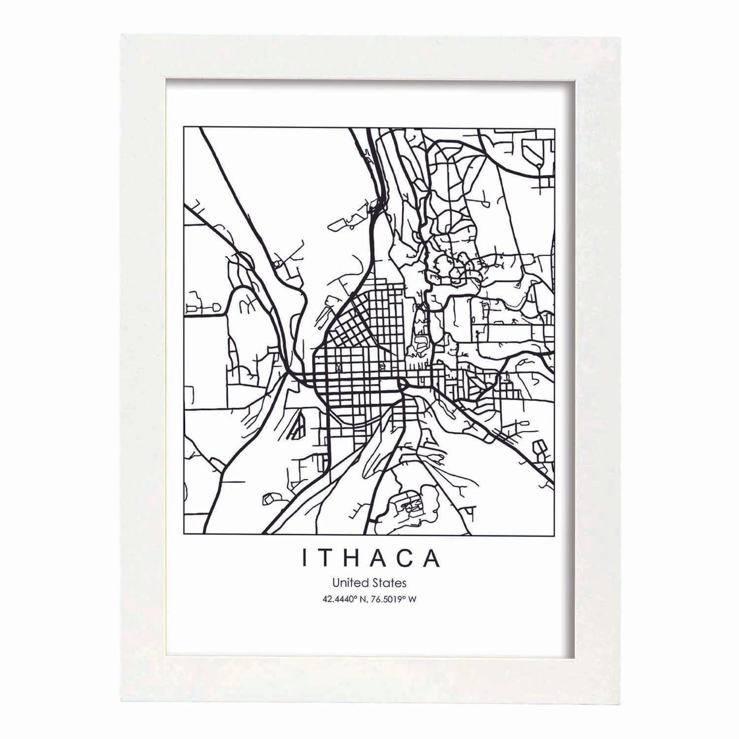 Poster con mapa de Ithaca. Lámina de Estados Unidos, con imágenes de mapas y carreteras-Artwork-Nacnic-A4-Marco Blanco-Nacnic Estudio SL