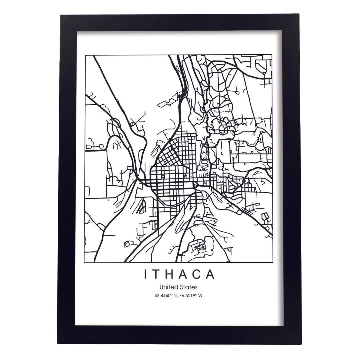 Poster con mapa de Ithaca. Lámina de Estados Unidos, con imágenes de mapas y carreteras-Artwork-Nacnic-A4-Marco Negro-Nacnic Estudio SL