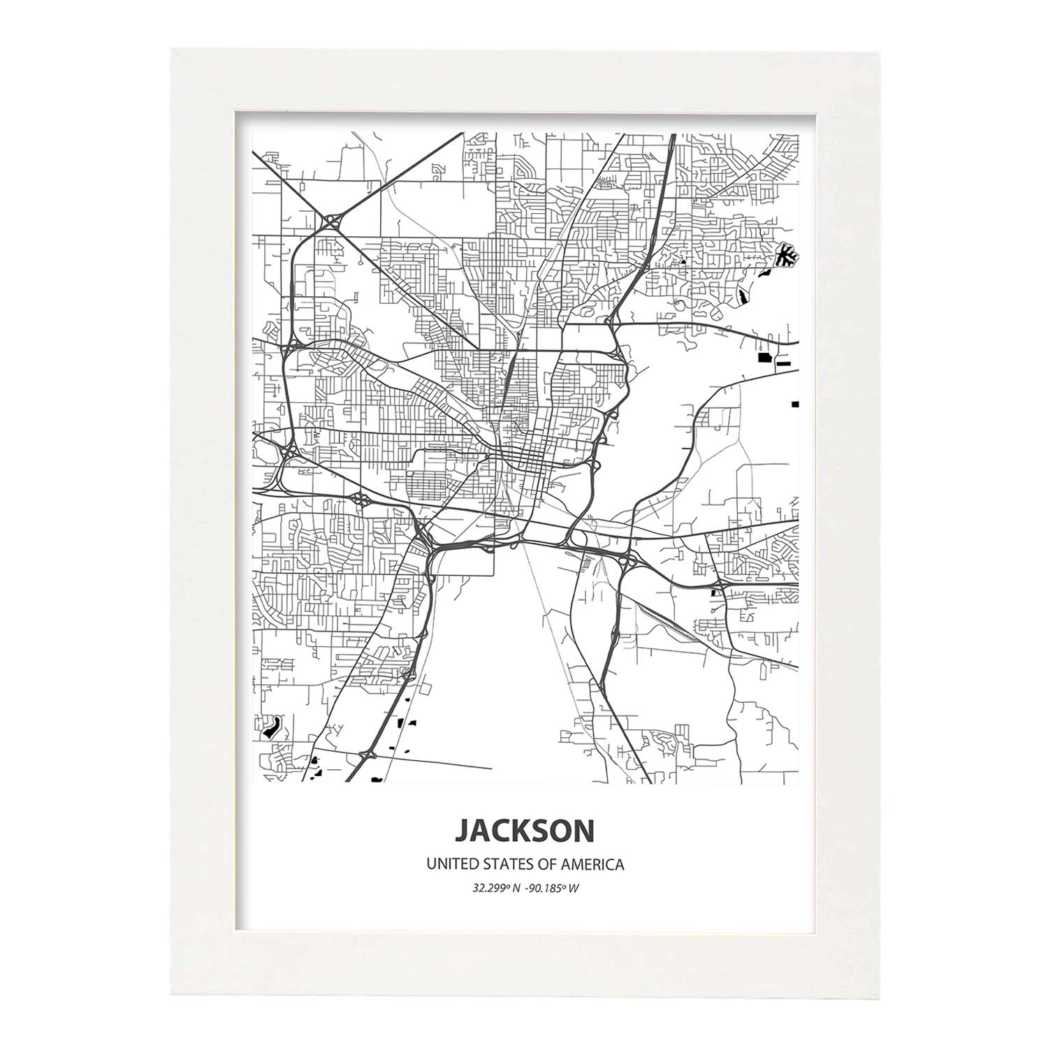 Poster con mapa de Jackson - USA. Láminas de ciudades de Estados Unidos con mares y ríos en color negro.-Artwork-Nacnic-A3-Marco Blanco-Nacnic Estudio SL