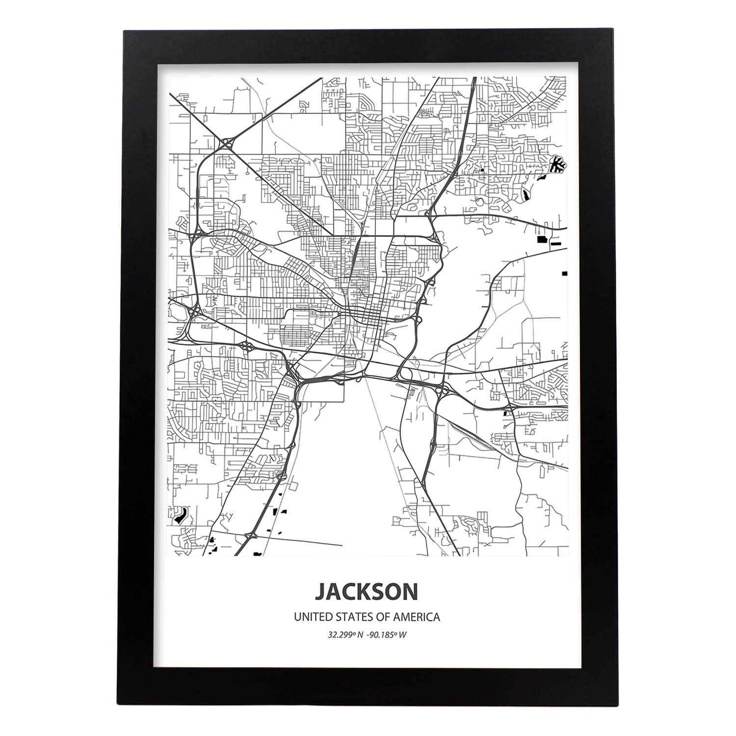 Poster con mapa de Jackson - USA. Láminas de ciudades de Estados Unidos con mares y ríos en color negro.-Artwork-Nacnic-A3-Marco Negro-Nacnic Estudio SL