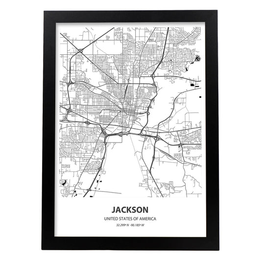 Poster con mapa de Jackson - USA. Láminas de ciudades de Estados Unidos con mares y ríos en color negro.-Artwork-Nacnic-A4-Marco Negro-Nacnic Estudio SL