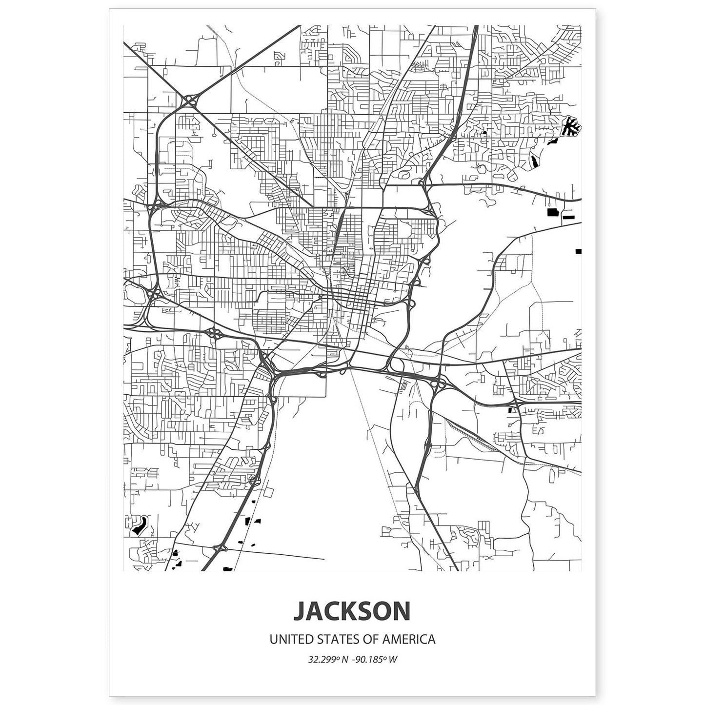 Poster con mapa de Jackson - USA. Láminas de ciudades de Estados Unidos con mares y ríos en color negro.-Artwork-Nacnic-A4-Sin marco-Nacnic Estudio SL