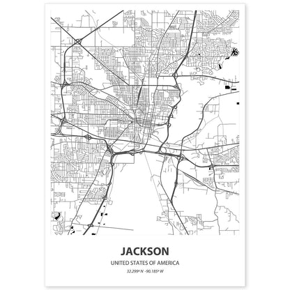 Poster con mapa de Jackson - USA. Láminas de ciudades de Estados Unidos con mares y ríos en color negro.-Artwork-Nacnic-A4-Sin marco-Nacnic Estudio SL