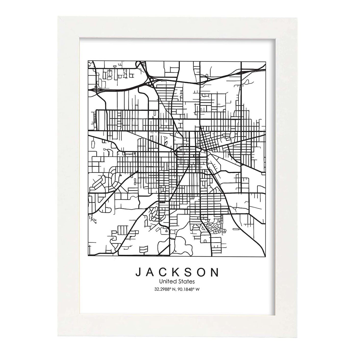 Poster con mapa de Jackson. Lámina de Estados Unidos, con imágenes de mapas y carreteras-Artwork-Nacnic-A3-Marco Blanco-Nacnic Estudio SL