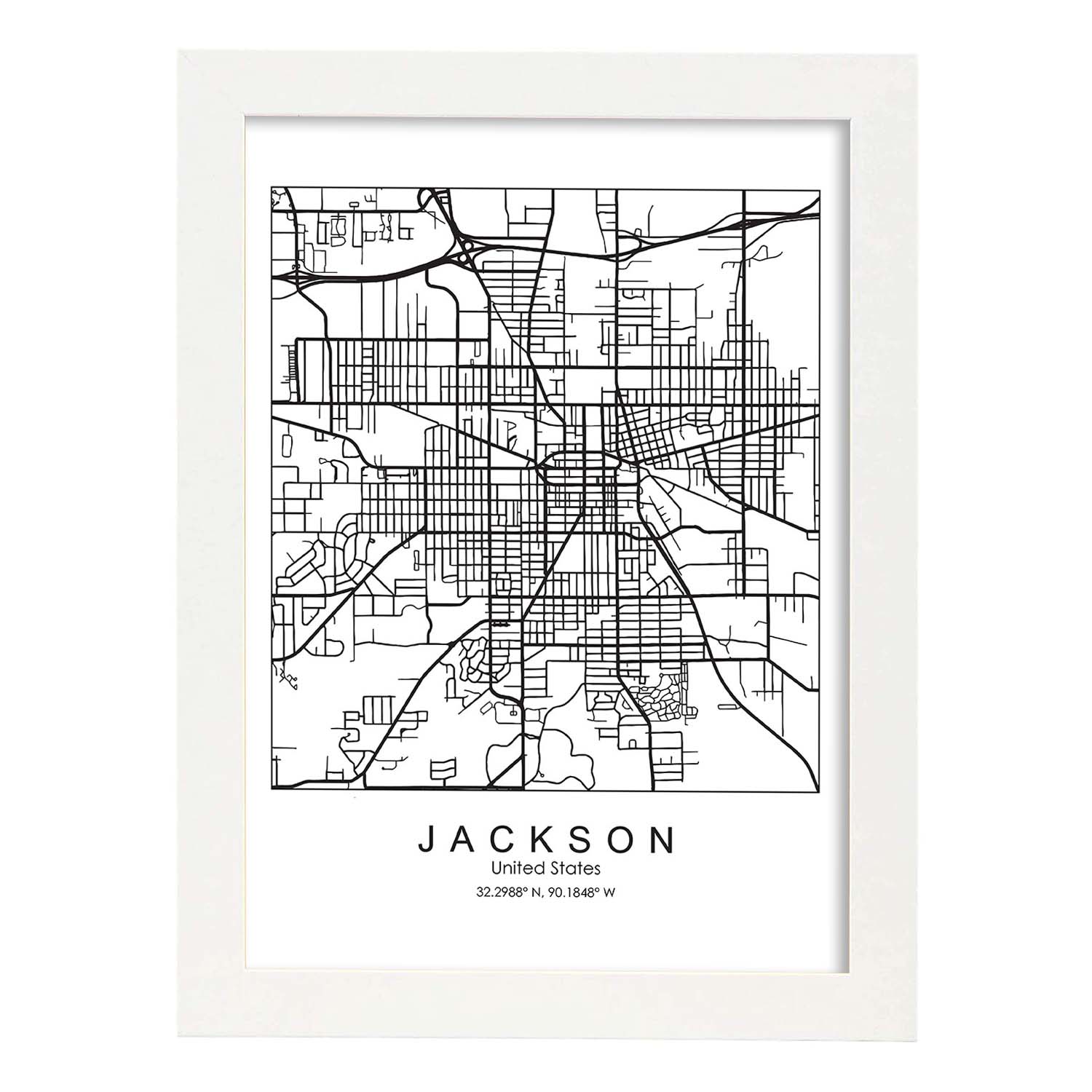 Poster con mapa de Jackson. Lámina de Estados Unidos, con imágenes de mapas y carreteras-Artwork-Nacnic-A3-Marco Blanco-Nacnic Estudio SL
