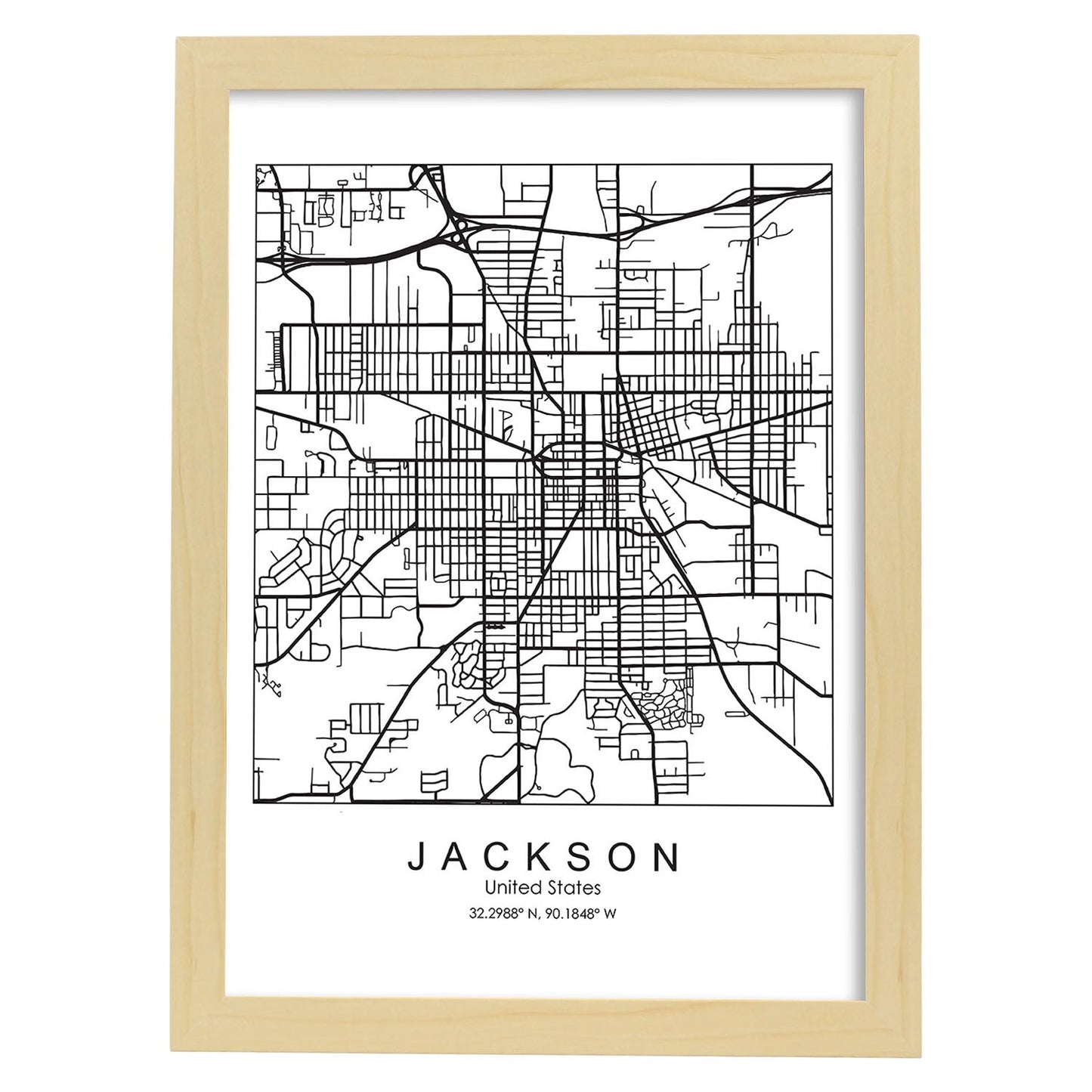 Poster con mapa de Jackson. Lámina de Estados Unidos, con imágenes de mapas y carreteras-Artwork-Nacnic-A3-Marco Madera clara-Nacnic Estudio SL