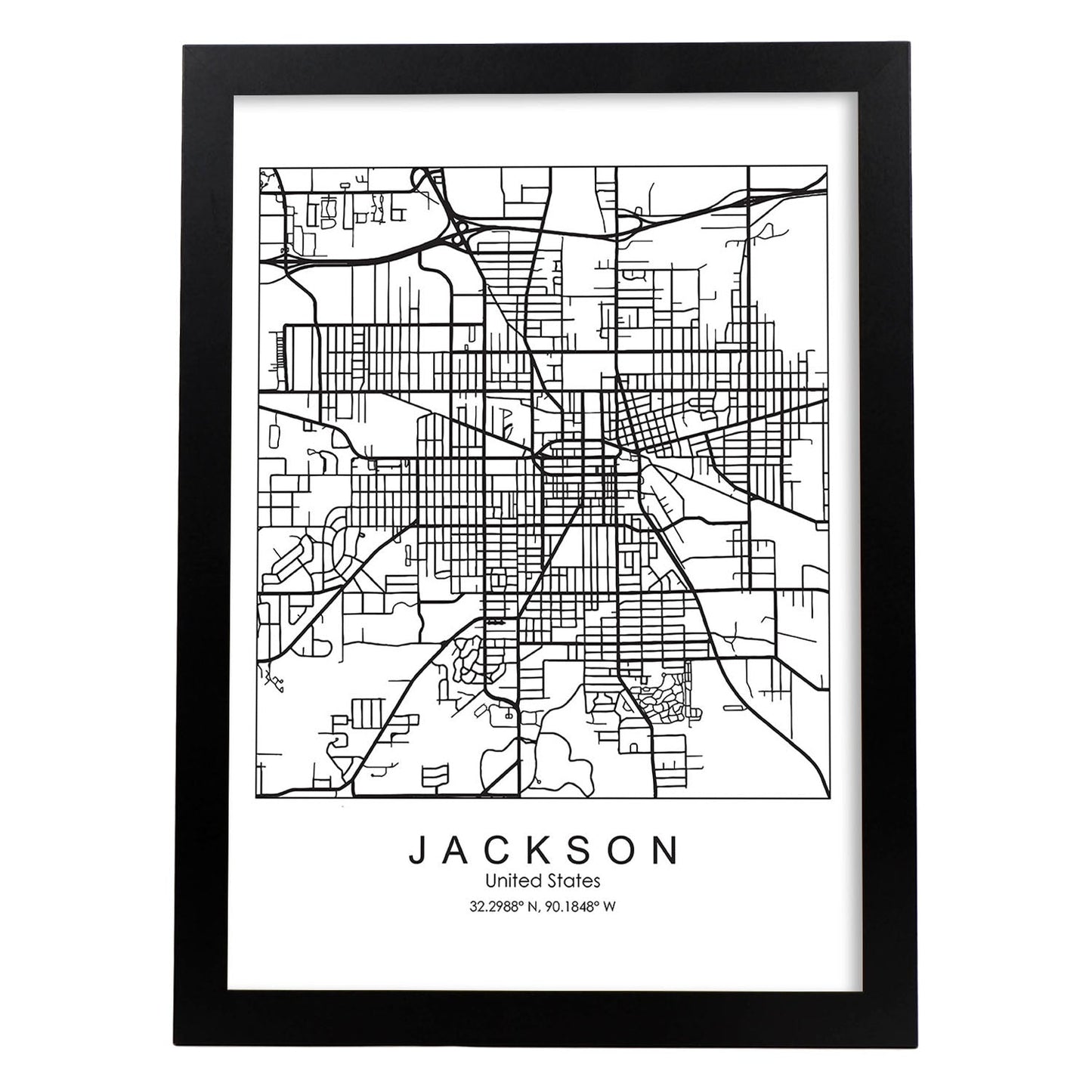 Poster con mapa de Jackson. Lámina de Estados Unidos, con imágenes de mapas y carreteras-Artwork-Nacnic-A3-Marco Negro-Nacnic Estudio SL