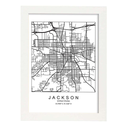 Poster con mapa de Jackson. Lámina de Estados Unidos, con imágenes de mapas y carreteras-Artwork-Nacnic-A4-Marco Blanco-Nacnic Estudio SL