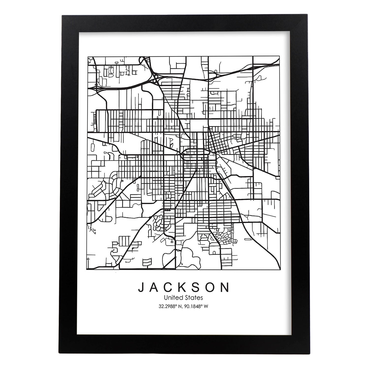 Poster con mapa de Jackson. Lámina de Estados Unidos, con imágenes de mapas y carreteras-Artwork-Nacnic-A4-Marco Negro-Nacnic Estudio SL