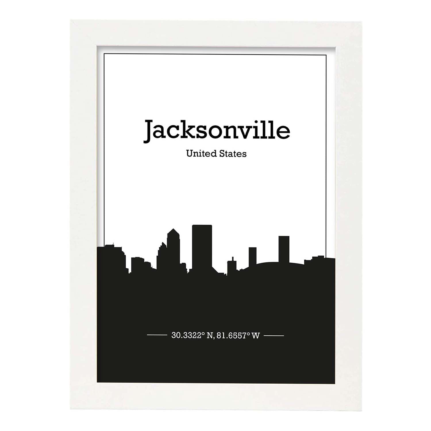 Poster con mapa de Jacksonville - USA. Láminas con Skyline de ciudades de Estados Unidos, Canada, Mexico con sombra negra.-Artwork-Nacnic-A3-Marco Blanco-Nacnic Estudio SL