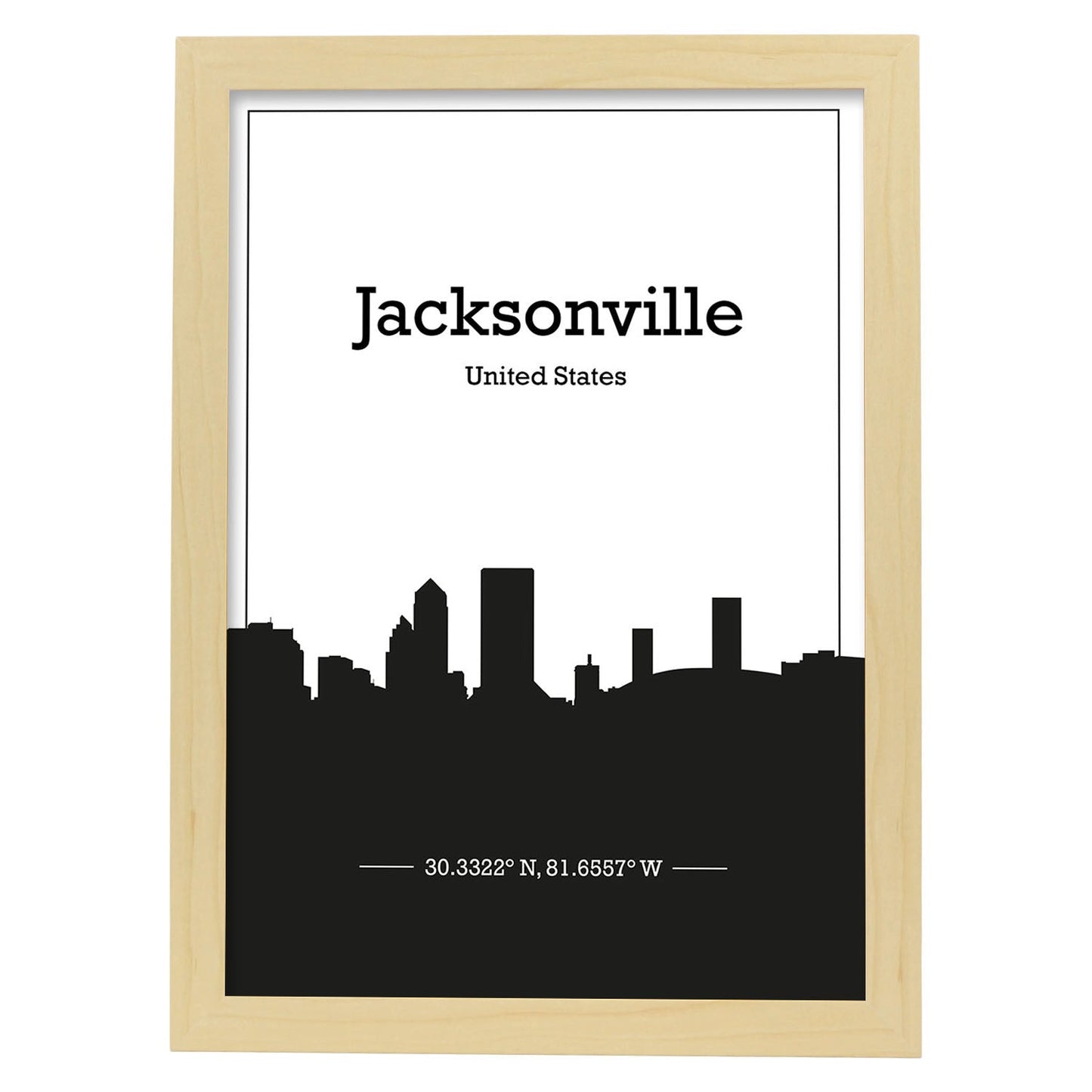 Poster con mapa de Jacksonville - USA. Láminas con Skyline de ciudades de Estados Unidos, Canada, Mexico con sombra negra.-Artwork-Nacnic-A3-Marco Madera clara-Nacnic Estudio SL