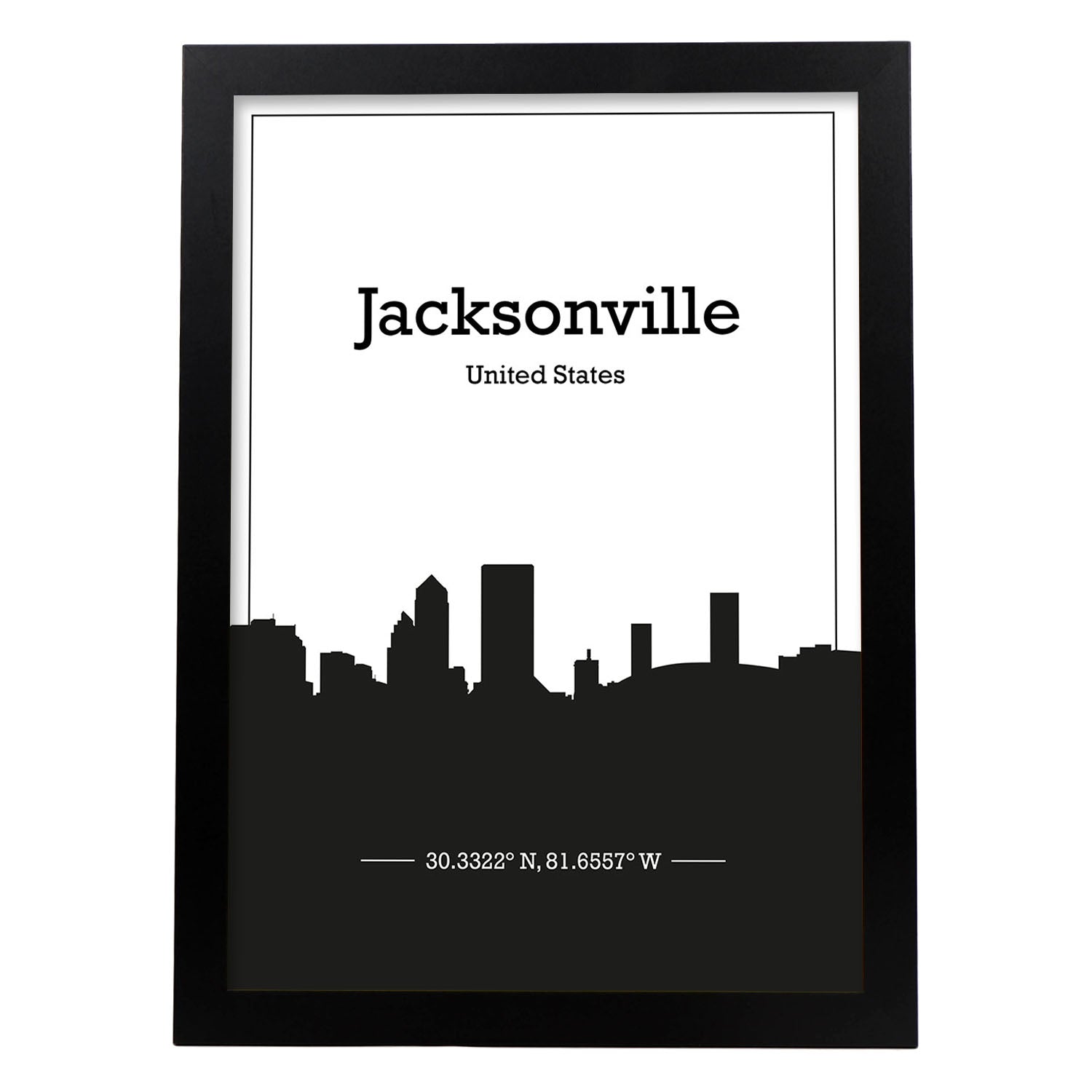 Poster con mapa de Jacksonville - USA. Láminas con Skyline de ciudades de Estados Unidos, Canada, Mexico con sombra negra.-Artwork-Nacnic-A3-Marco Negro-Nacnic Estudio SL