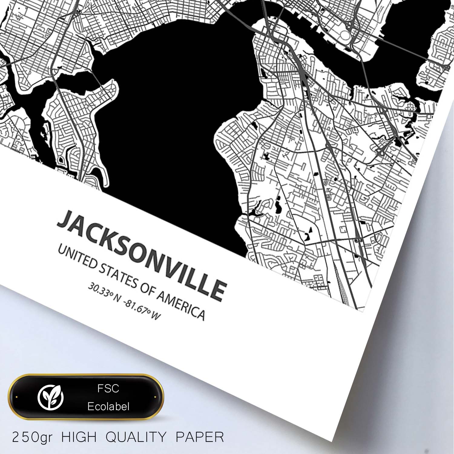 Poster con mapa de Jacksonville - USA. Láminas de ciudades de Estados Unidos con mares y ríos en color negro.-Artwork-Nacnic-Nacnic Estudio SL