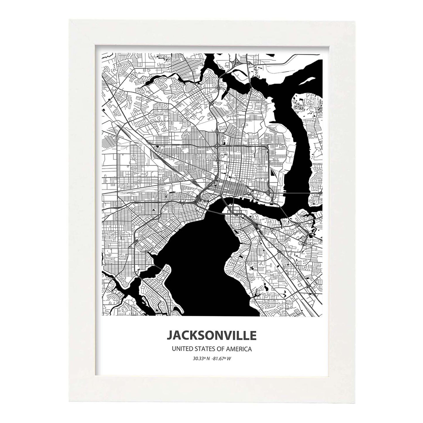 Poster con mapa de Jacksonville - USA. Láminas de ciudades de Estados Unidos con mares y ríos en color negro.-Artwork-Nacnic-A3-Marco Blanco-Nacnic Estudio SL