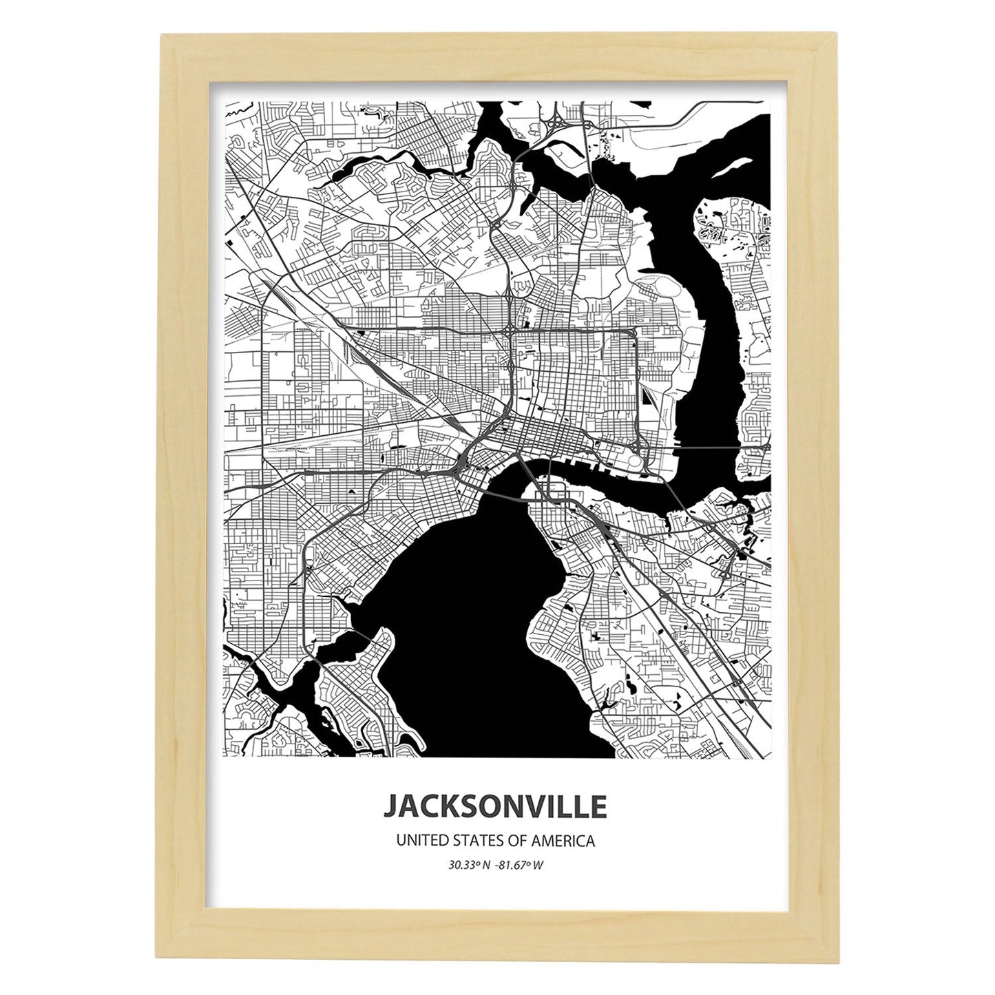 Poster con mapa de Jacksonville - USA. Láminas de ciudades de Estados Unidos con mares y ríos en color negro.-Artwork-Nacnic-A3-Marco Madera clara-Nacnic Estudio SL