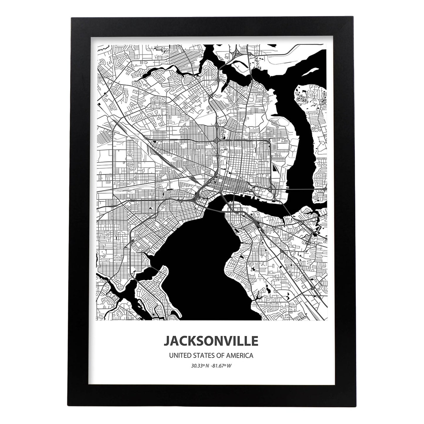 Poster con mapa de Jacksonville - USA. Láminas de ciudades de Estados Unidos con mares y ríos en color negro.-Artwork-Nacnic-A3-Marco Negro-Nacnic Estudio SL