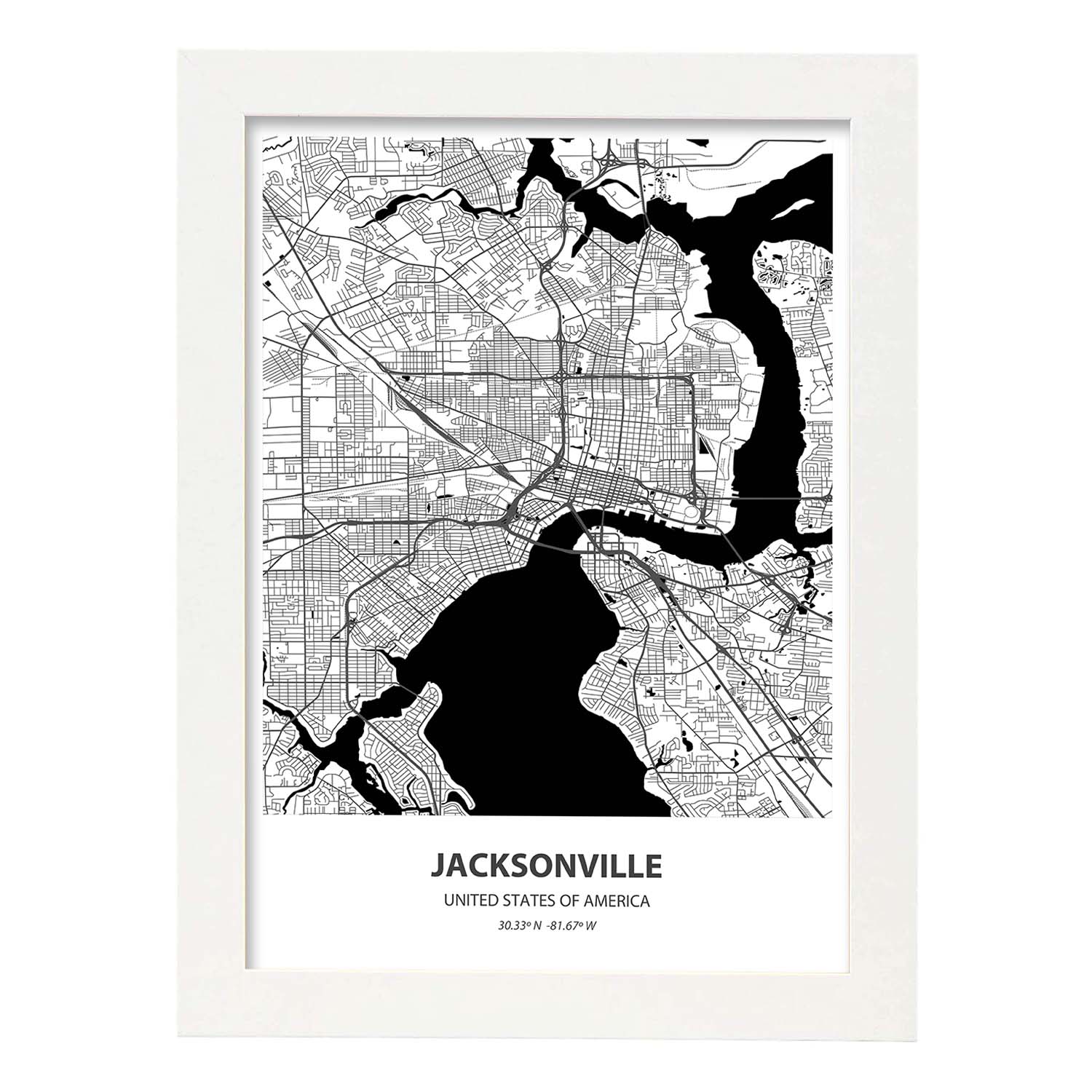 Poster con mapa de Jacksonville - USA. Láminas de ciudades de Estados Unidos con mares y ríos en color negro.-Artwork-Nacnic-A4-Marco Blanco-Nacnic Estudio SL