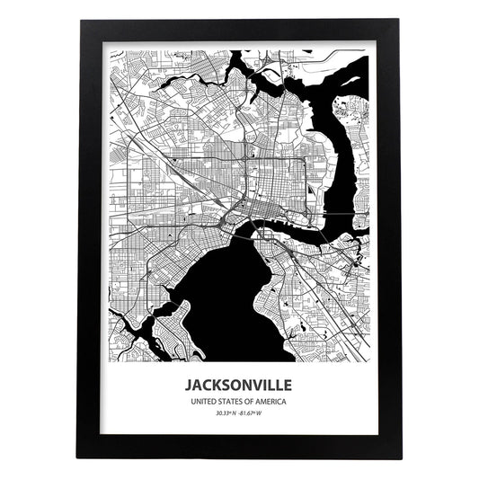 Poster con mapa de Jacksonville - USA. Láminas de ciudades de Estados Unidos con mares y ríos en color negro.-Artwork-Nacnic-A4-Marco Negro-Nacnic Estudio SL