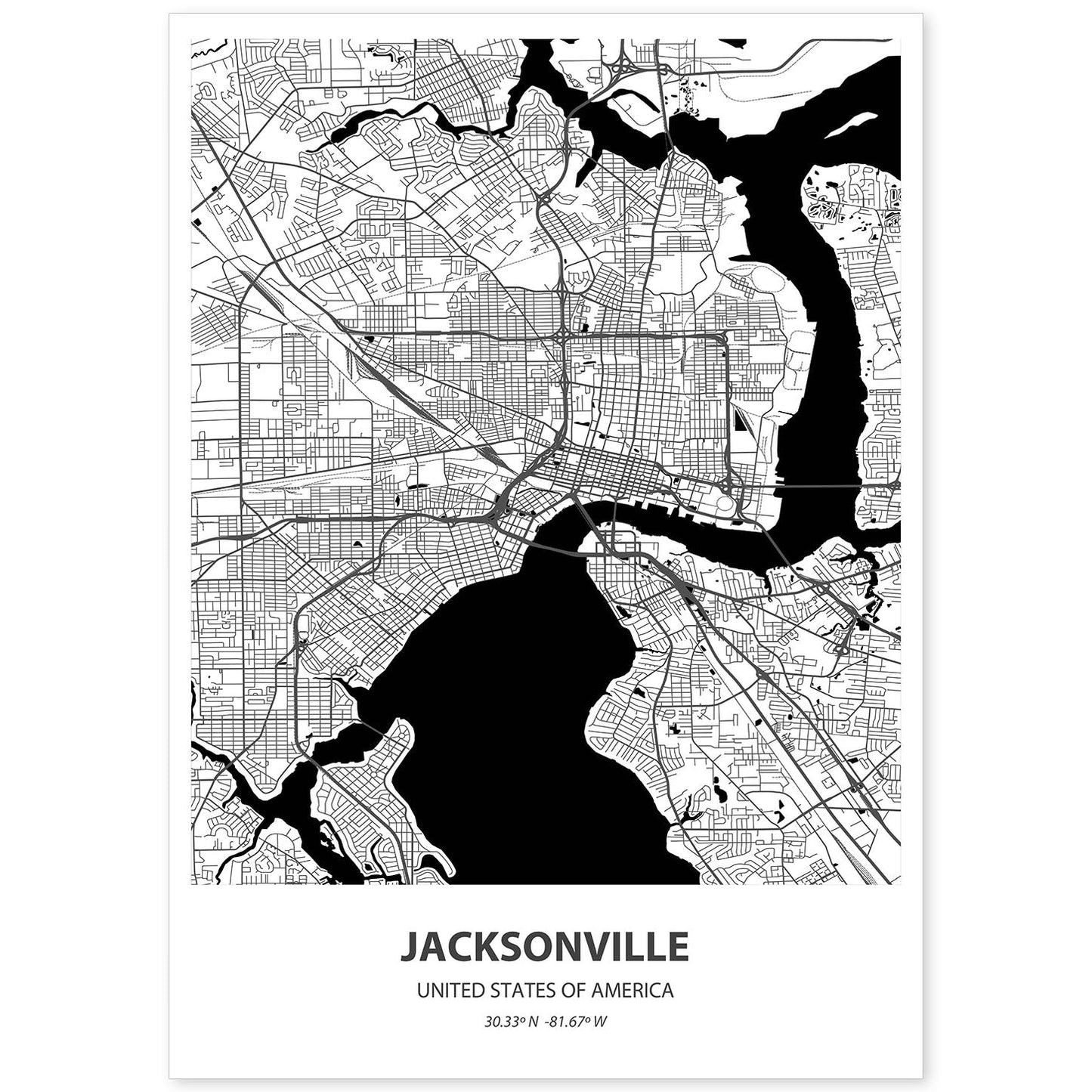Poster con mapa de Jacksonville - USA. Láminas de ciudades de Estados Unidos con mares y ríos en color negro.-Artwork-Nacnic-A4-Sin marco-Nacnic Estudio SL