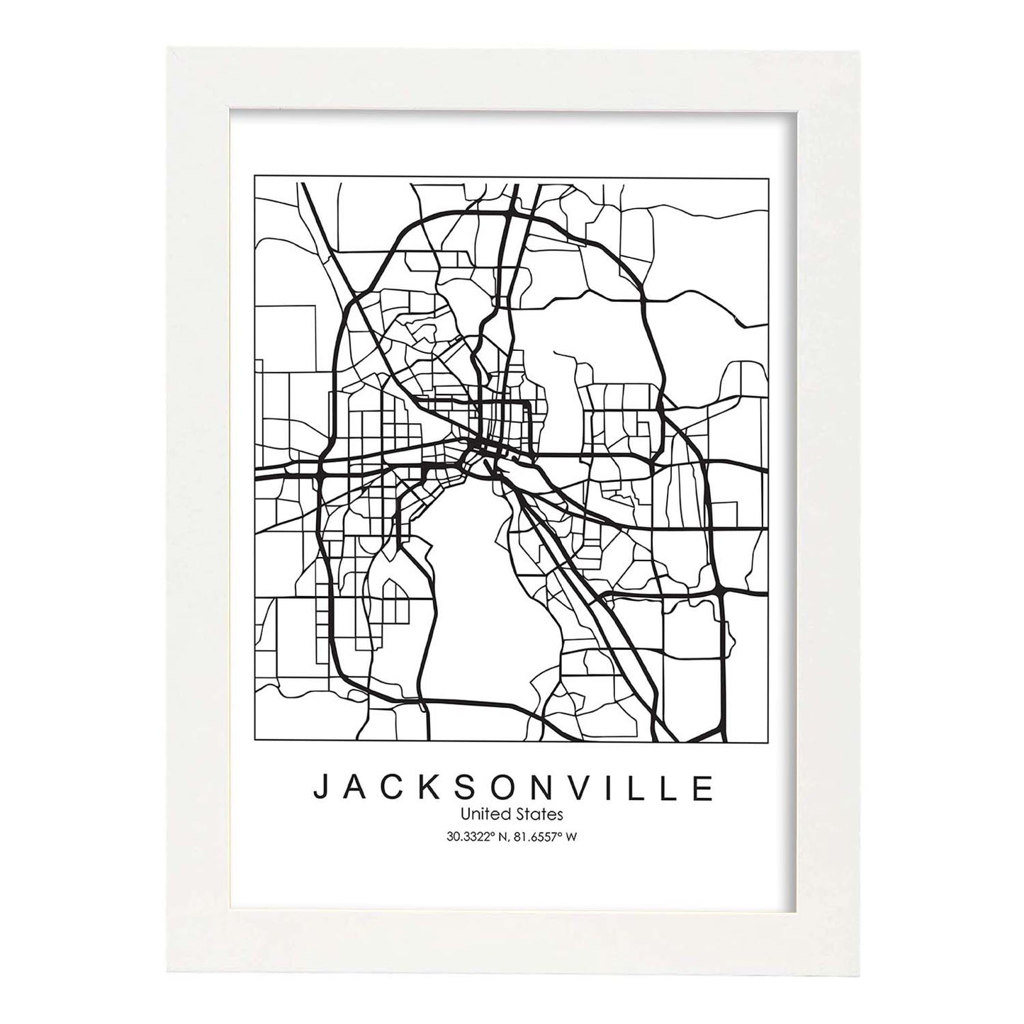 Poster con mapa de Jacksonville. Lámina de Estados Unidos, con imágenes de mapas y carreteras-Artwork-Nacnic-A3-Marco Blanco-Nacnic Estudio SL