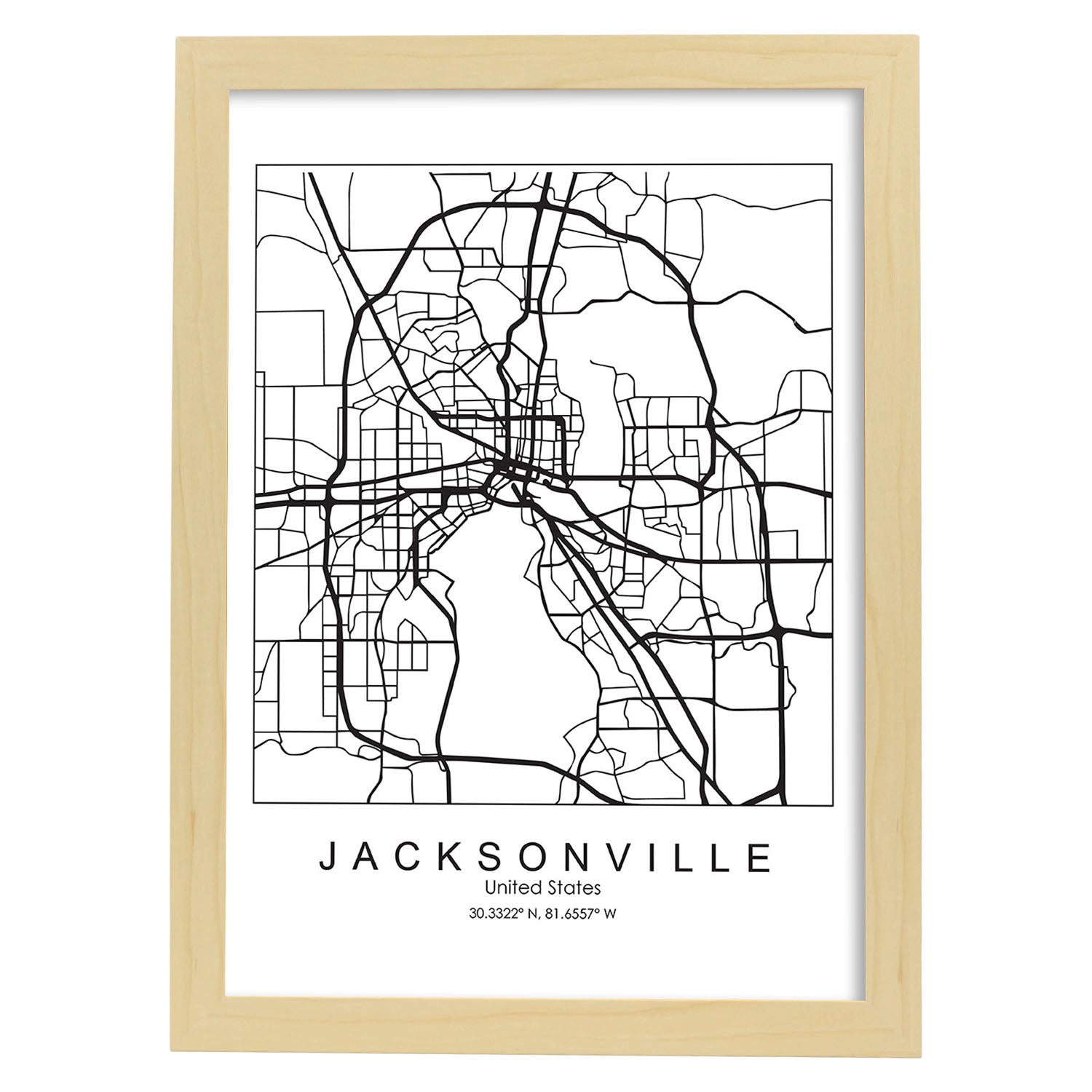 Poster con mapa de Jacksonville. Lámina de Estados Unidos, con imágenes de mapas y carreteras-Artwork-Nacnic-A3-Marco Madera clara-Nacnic Estudio SL