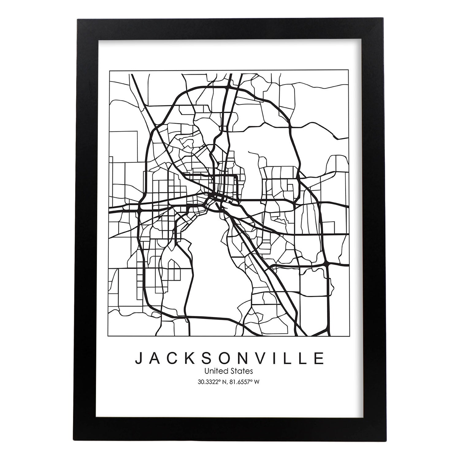 Poster con mapa de Jacksonville. Lámina de Estados Unidos, con imágenes de mapas y carreteras-Artwork-Nacnic-A3-Marco Negro-Nacnic Estudio SL