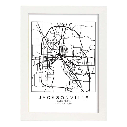 Poster con mapa de Jacksonville. Lámina de Estados Unidos, con imágenes de mapas y carreteras-Artwork-Nacnic-A4-Marco Blanco-Nacnic Estudio SL