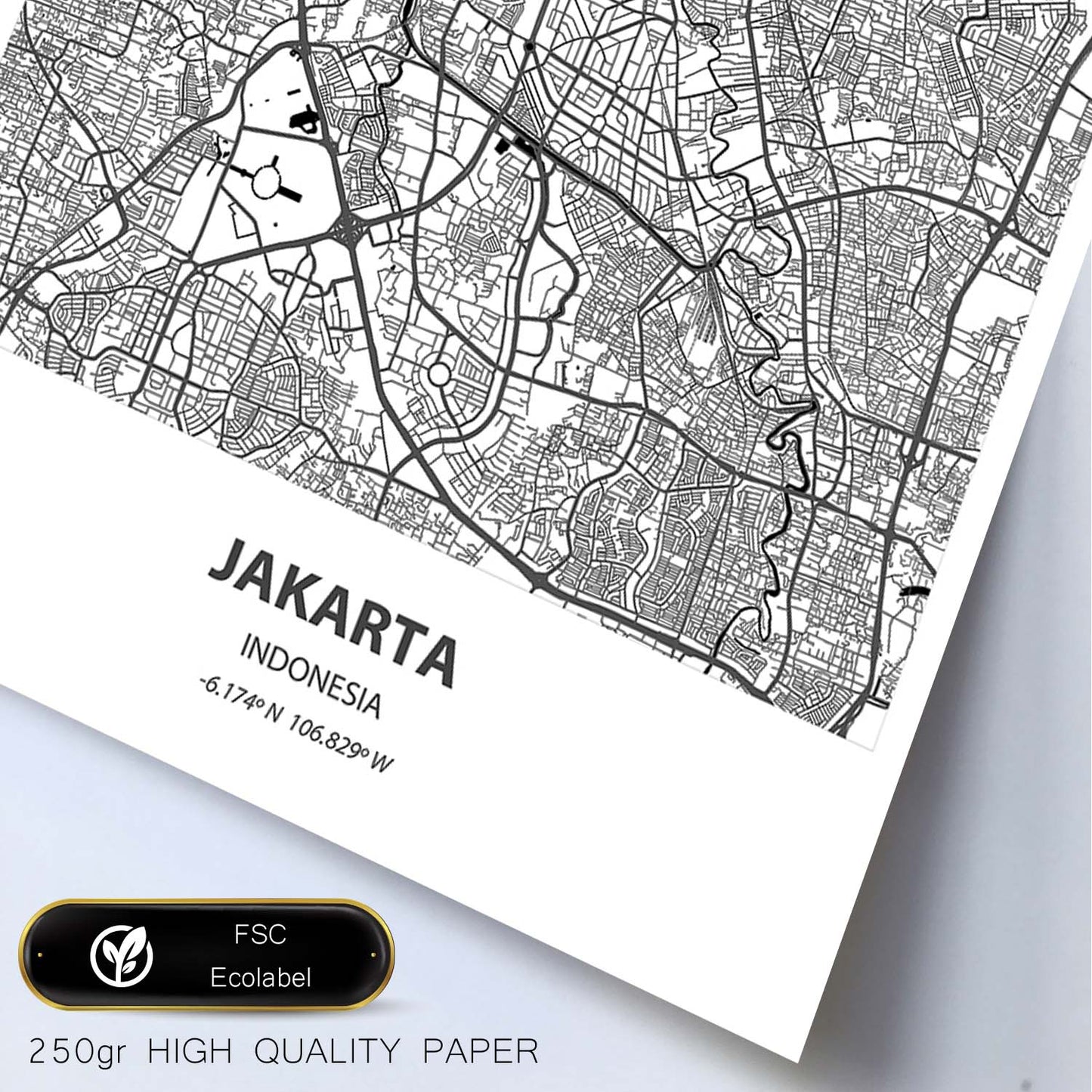 Poster con mapa de Jakarta - Indonesia. Láminas de ciudades de Asia con mares y ríos en color negro.-Artwork-Nacnic-Nacnic Estudio SL