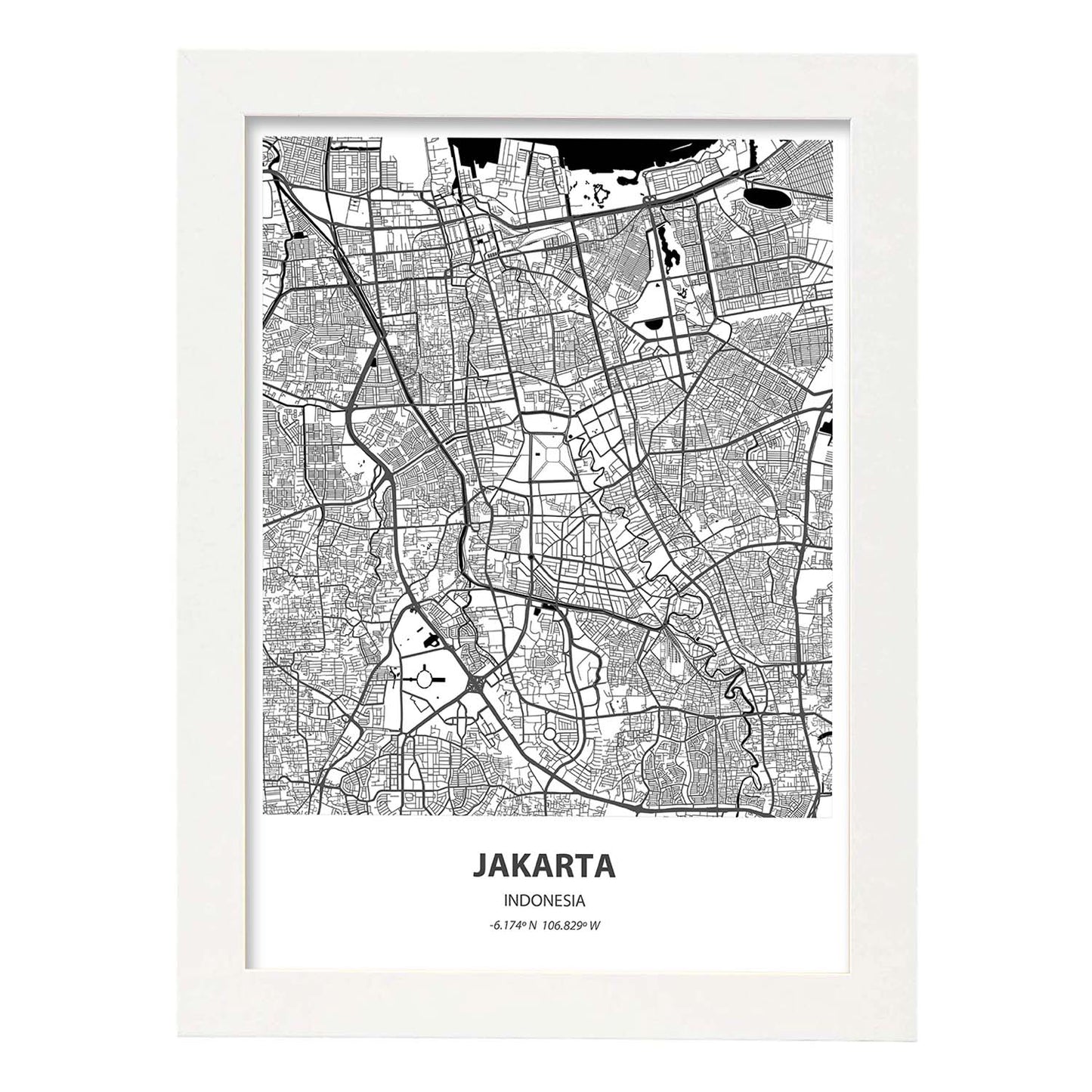 Poster con mapa de Jakarta - Indonesia. Láminas de ciudades de Asia con mares y ríos en color negro.-Artwork-Nacnic-A3-Marco Blanco-Nacnic Estudio SL