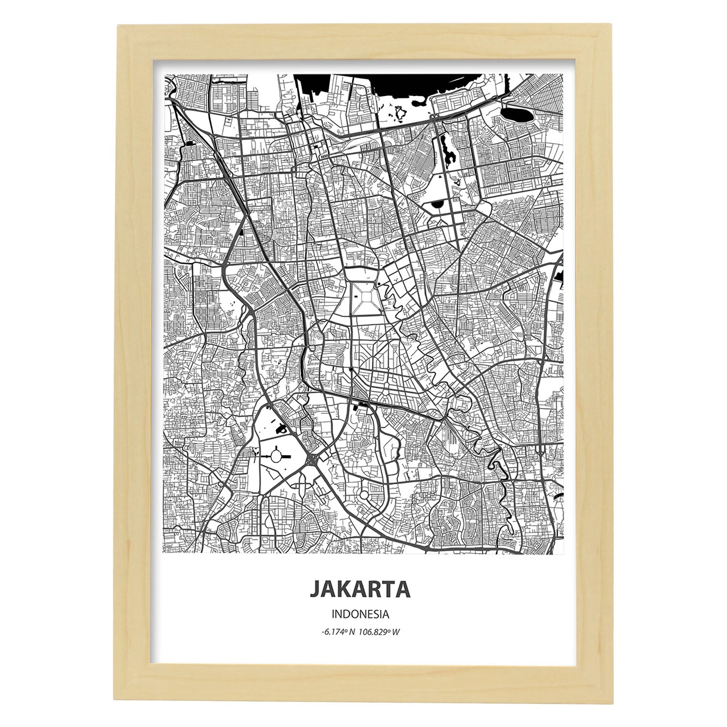 Poster con mapa de Jakarta - Indonesia. Láminas de ciudades de Asia con mares y ríos en color negro.-Artwork-Nacnic-A3-Marco Madera clara-Nacnic Estudio SL