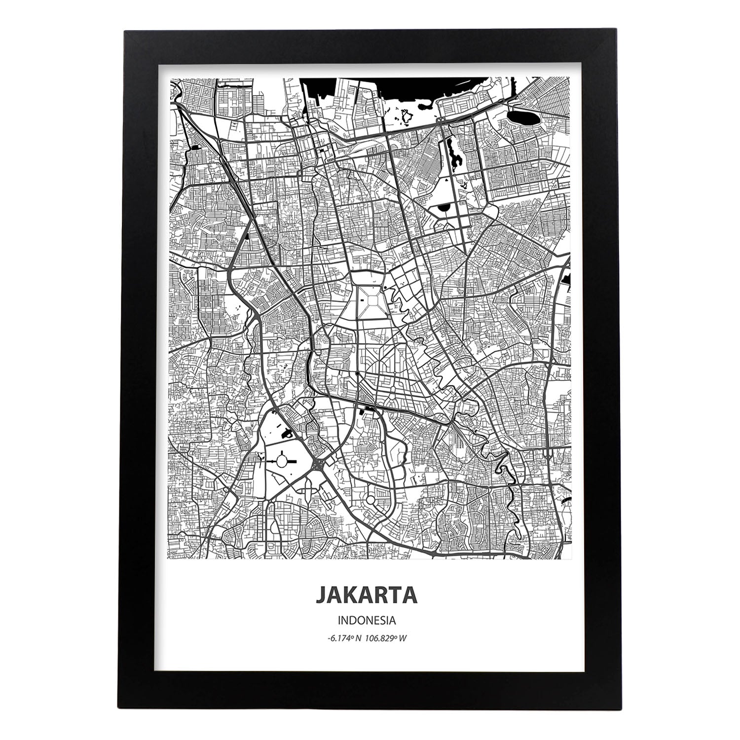 Poster con mapa de Jakarta - Indonesia. Láminas de ciudades de Asia con mares y ríos en color negro.-Artwork-Nacnic-A3-Marco Negro-Nacnic Estudio SL
