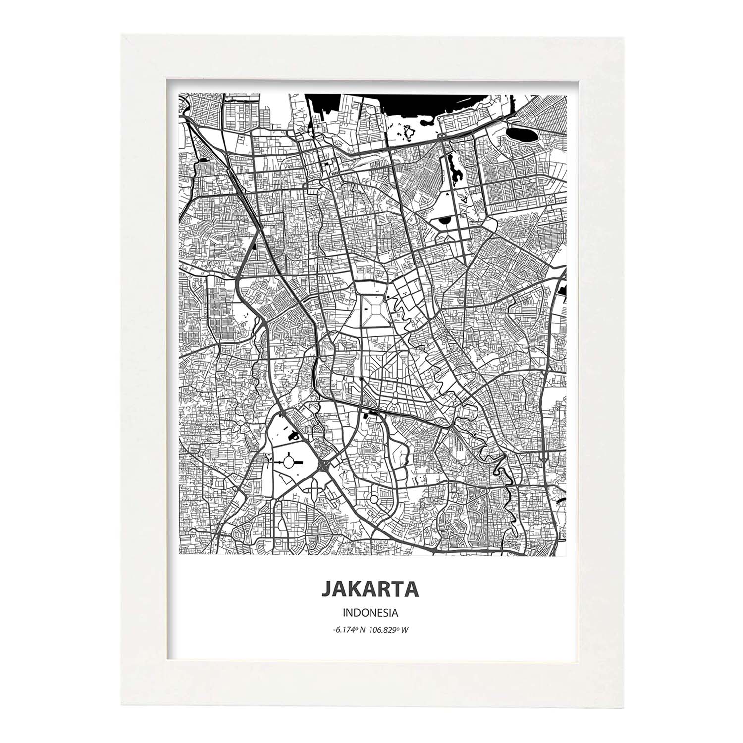 Poster con mapa de Jakarta - Indonesia. Láminas de ciudades de Asia con mares y ríos en color negro.-Artwork-Nacnic-A4-Marco Blanco-Nacnic Estudio SL