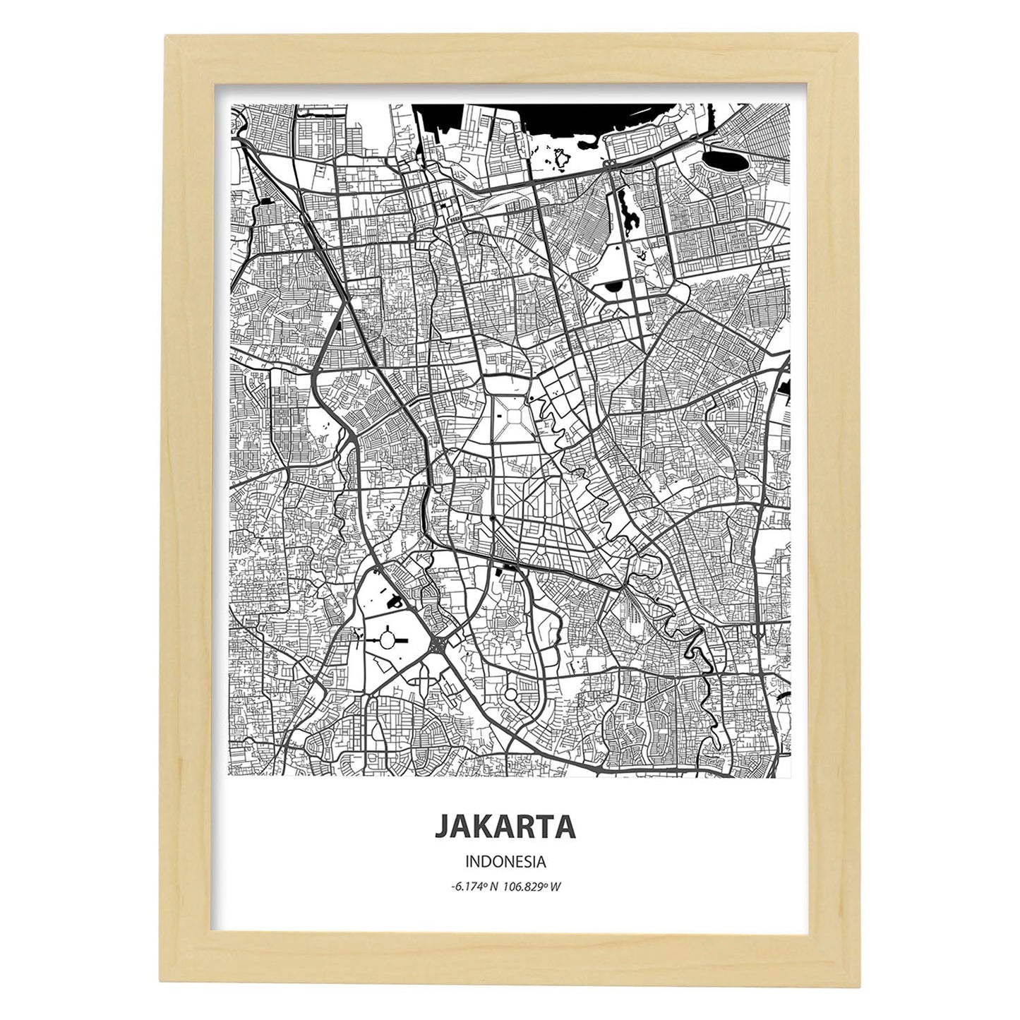 Poster con mapa de Jakarta - Indonesia. Láminas de ciudades de Asia con mares y ríos en color negro.-Artwork-Nacnic-A4-Marco Madera clara-Nacnic Estudio SL