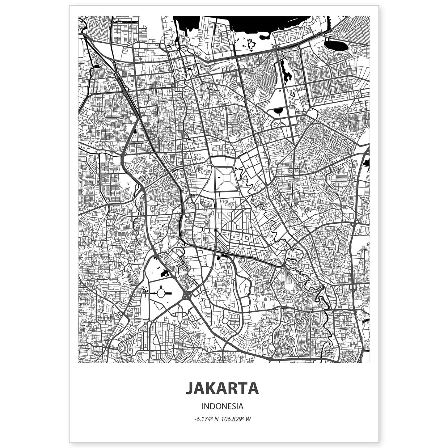 Poster con mapa de Jakarta - Indonesia. Láminas de ciudades de Asia con mares y ríos en color negro.-Artwork-Nacnic-A4-Sin marco-Nacnic Estudio SL