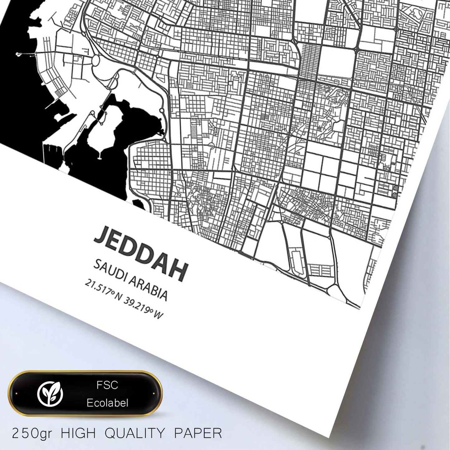 Poster con mapa de Jeddah - Arabia Saudi. Láminas de ciudades de Oriente Medio con mares y ríos en color negro.-Artwork-Nacnic-Nacnic Estudio SL