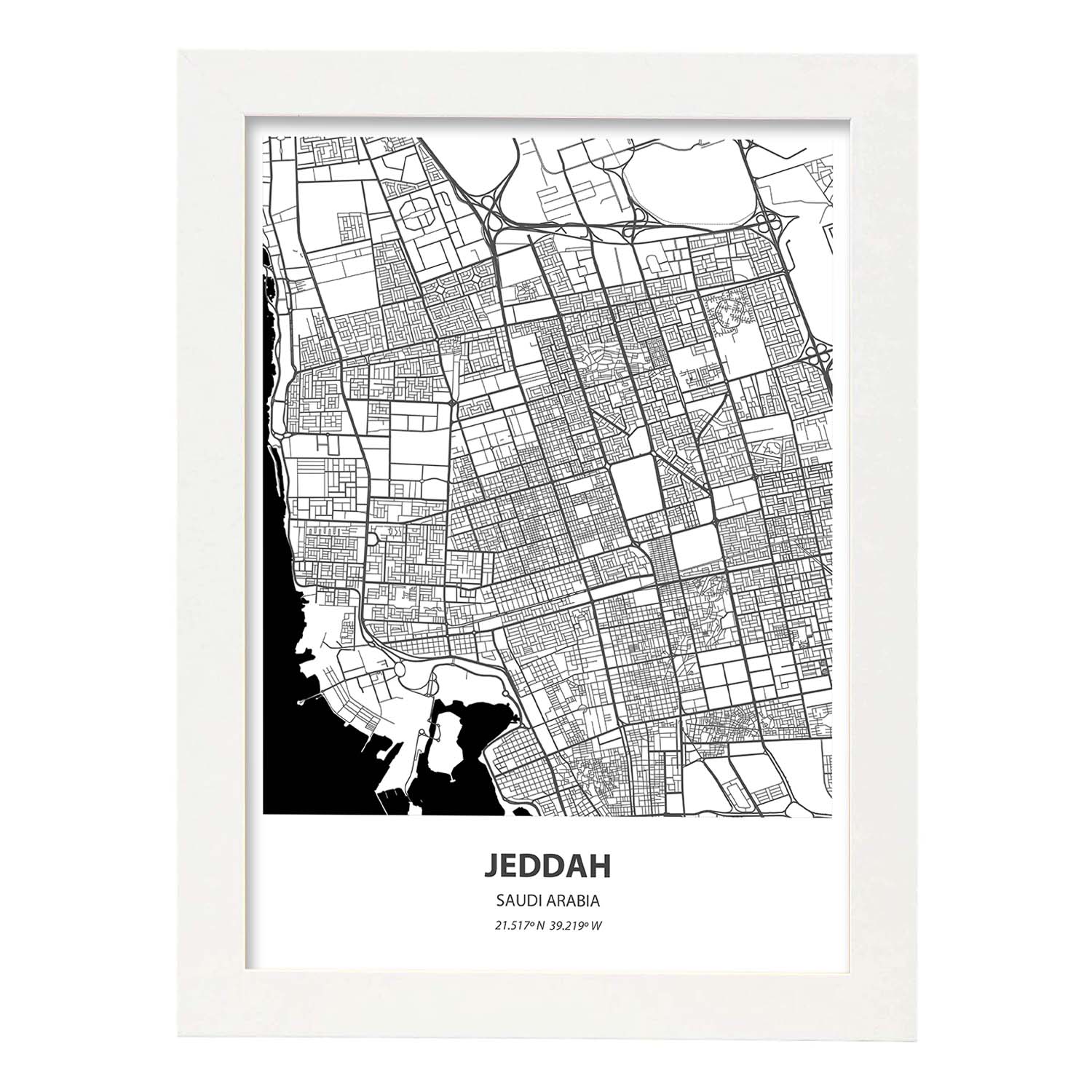 Poster con mapa de Jeddah - Arabia Saudi. Láminas de ciudades de Oriente Medio con mares y ríos en color negro.-Artwork-Nacnic-A3-Marco Blanco-Nacnic Estudio SL